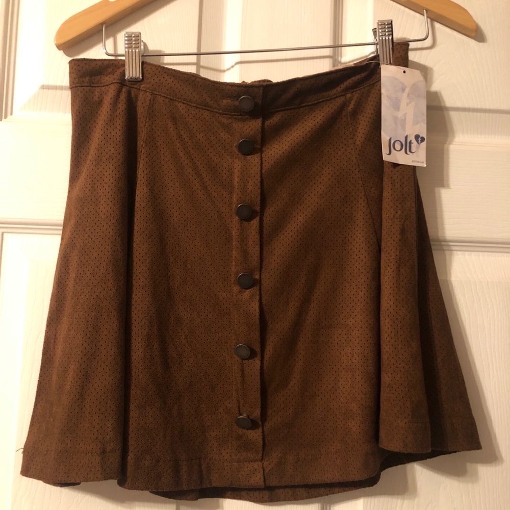 Faux suede brown button down flare skirt